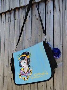 Vintage y2k Ed Hardy geisha tattoo graphic black crossbody canvas messenger bag